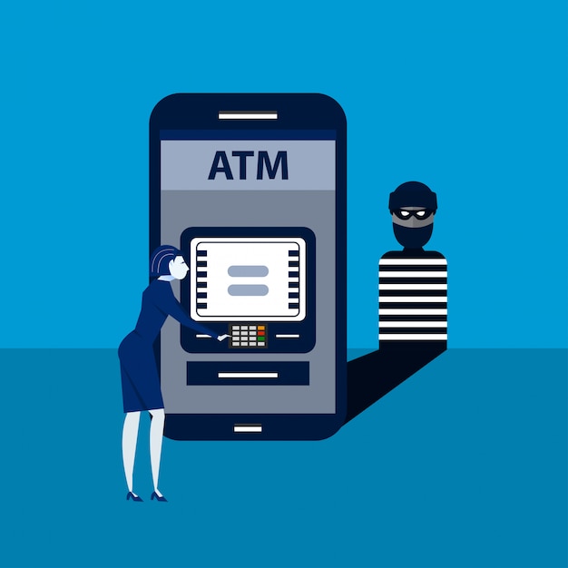 The thief hacks back smart phone with woman pay terminal system.isometric illustration