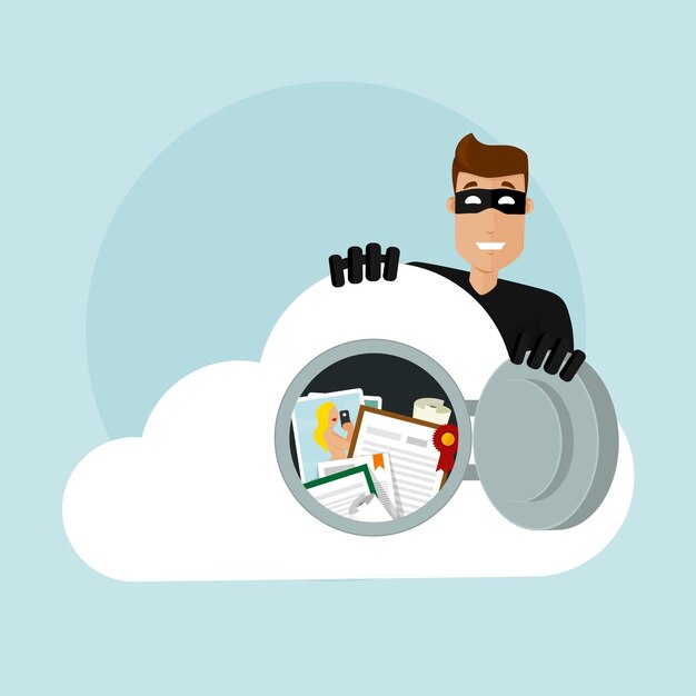 Un ladro entra nel cloud storage con documenti e foto importanti. apre la porta della cassaforte ed entra. ruba i dati su un server cloud.