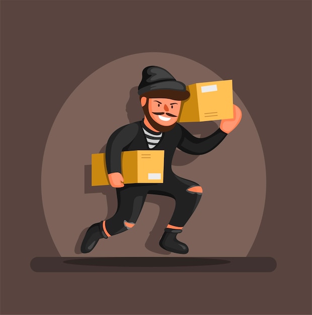 Thief running carrying box package in spotlight, online shop package theft prevention symbol character concept in cartoon  