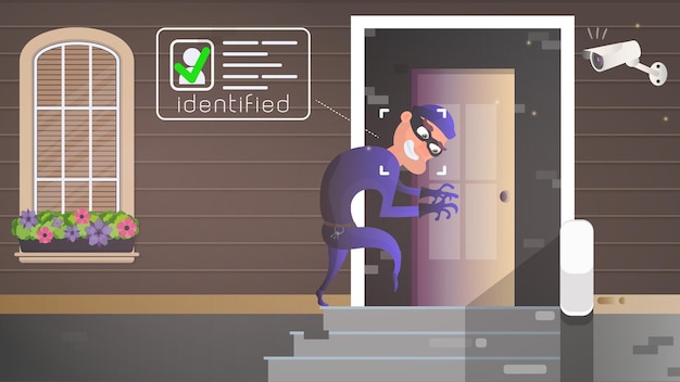 A thief sneaks into the house. The robber is trying to crack the door. Sign of a robbery. A surveillance camera recorded a thief. Security concept. Vector illustration