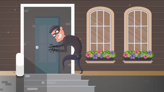 Vector a thief sneaks into the house. the robber is trying to crack the door. sign of a robbery. a surveillance camera recorded a thief. security concept. vector illustration