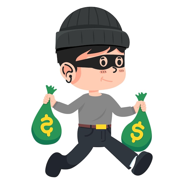 Thief stealing with bag of money cartoon