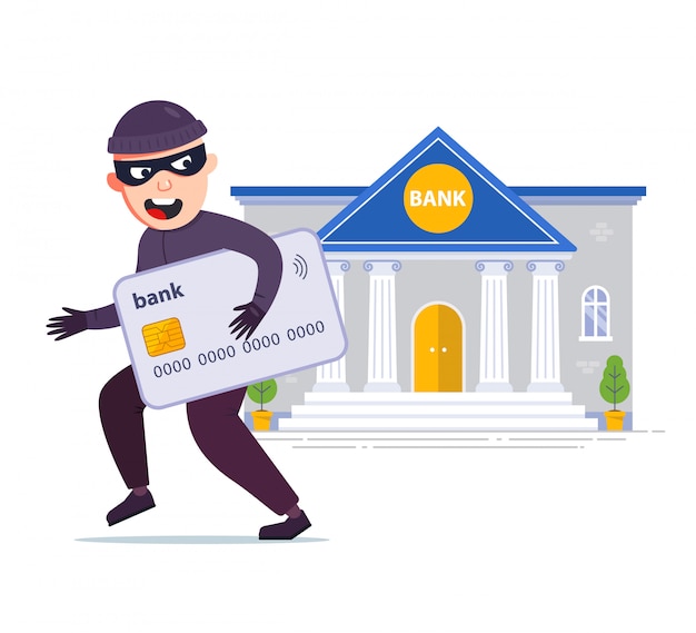 Vector a thief stole a credit card from a bank. steal money and passwords. flat character  illustration isolated on white background.