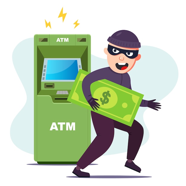 The thief stole money from an atm. hacking the terminal to steal. flat character vector illustration.