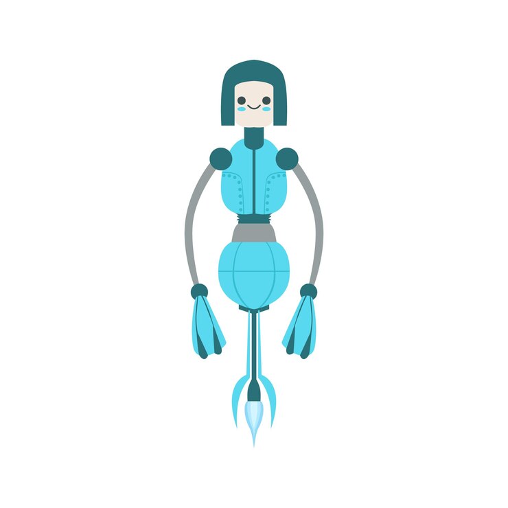 Vector thin blue floating mid air friendly android robot character vector cartoon illustration