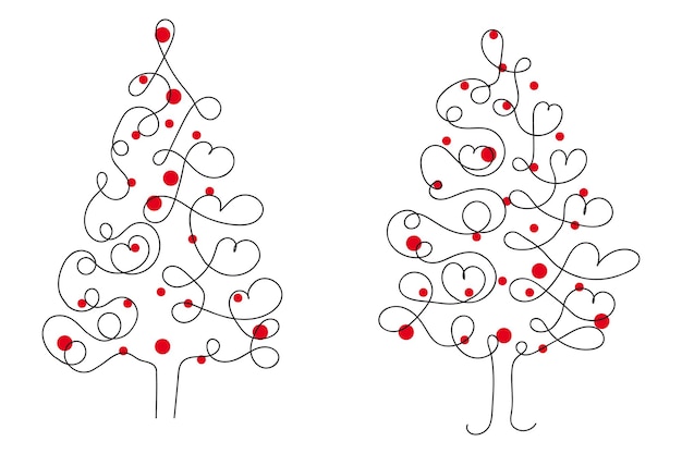 Thin continuous line Christmas tree with hearts Symbol vector one line pine fir tree love sign