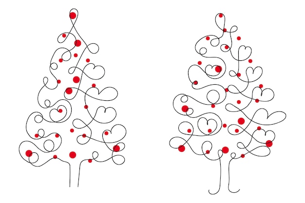 Sottile albero di natale a linea continua con cuori simbolo vettore una linea di pino abete segno d'amore