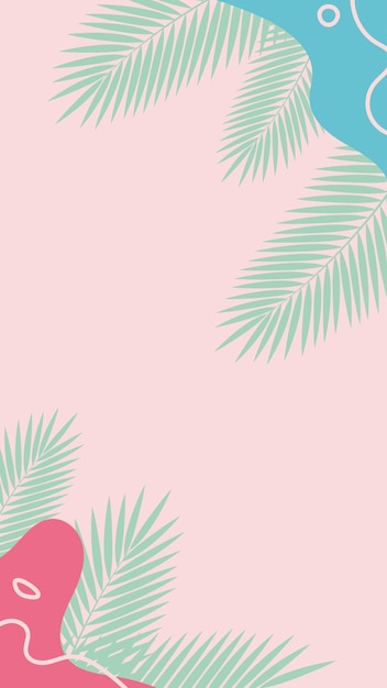 Thin green palm leaves on a pink background with bright spots and arbitrary lines