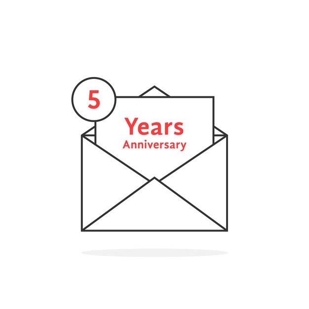 Logo dell'anniversario di 5 anni di linea sottile come una lettera aperta. concetto di invio di e-mail sms, successo della festa, tipografia pubblicitaria memorabile. design grafico moderno del logotipo di tendenza in stile piatto su sfondo bianco