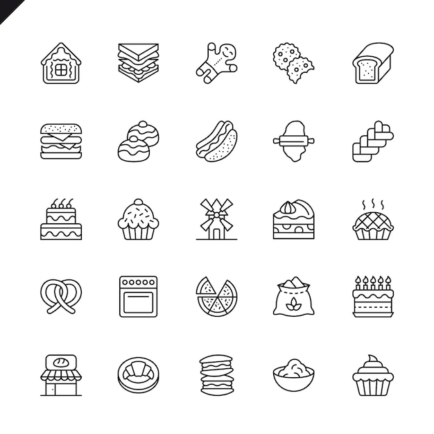 Vector thin line bakery shop elements icons set