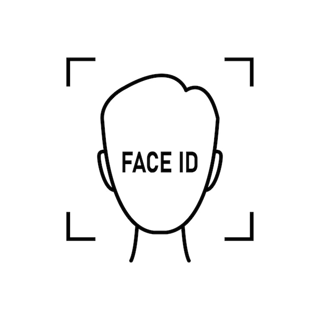 얇은 선 검정 얼굴 ID 간단한 아이콘 플랫 선화 스타일의 현대적인 스트로크 최소 로고타입 그래픽 아트 디자인은 장치에 쉽게 액세스할 수 있는 흰색 배경 개념과 잠금 해제 전화에 대한 faceid에 격리되어 있습니다.