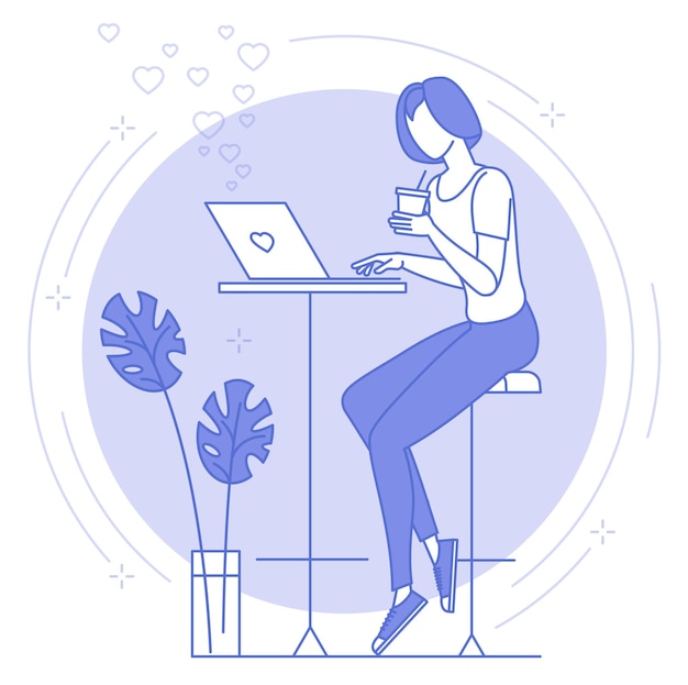 Thin line blue icon of remote work and freelance.