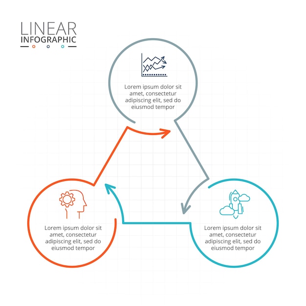 Elemento ciclo a linea sottile per infografica modello per diagramma con 3 opzioni parti o passaggi