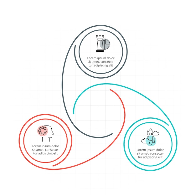 비즈니스 프레젠테이션을 위한 3가지 옵션 또는 단계 템플릿이 있는 얇은 선 주기 인포그래픽
