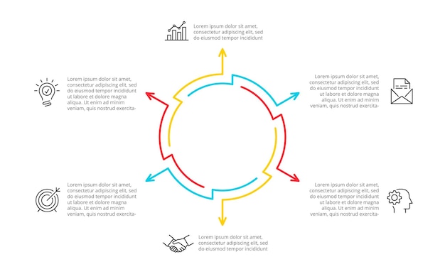 Thin line cycle infographic with arrows Modern concept design template with 6 options or parts