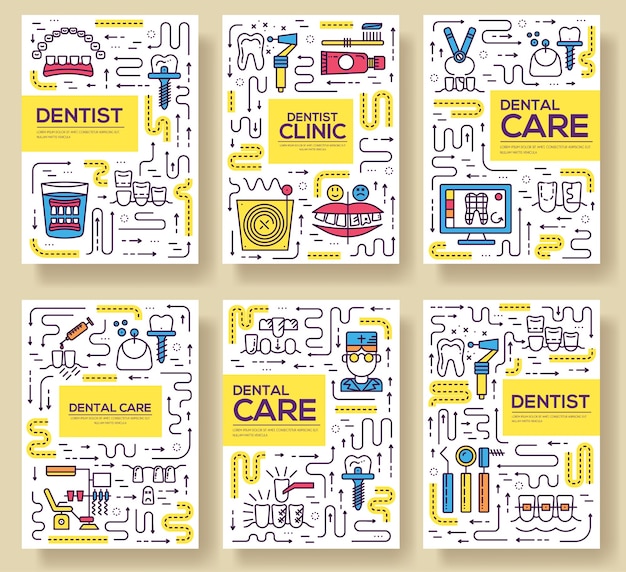 Set di carte di cottura della clinica del dentista di linea sottile. modello di strumenti di ammaccatura di flyear, copertina del libro, banner.