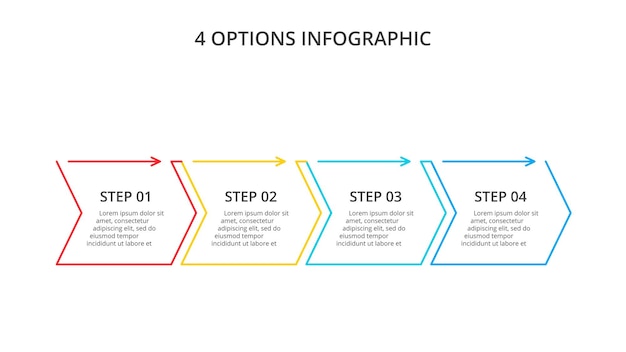 인포 그래픽에 대한 얇은 선 평면 화살표입니다. 4가지 옵션, 부품, 단계 또는 프로세스가 있는 비즈니스 개념.