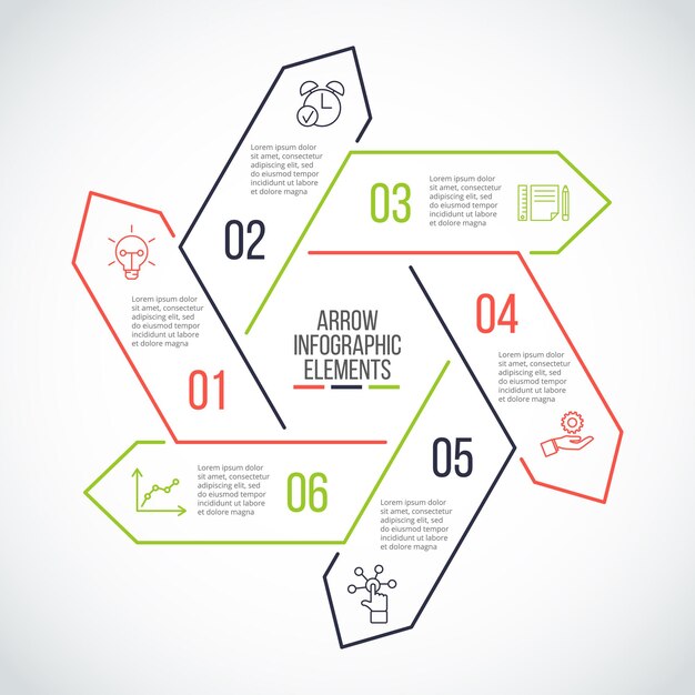 Thin line flat arrows for infographic business concept with 6 options parts steps or processes