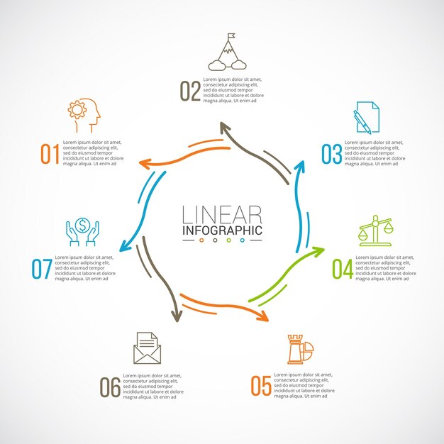 Frecce piatte a linea sottile per infografica concetto di business con 7 opzioni parti passaggi o processi