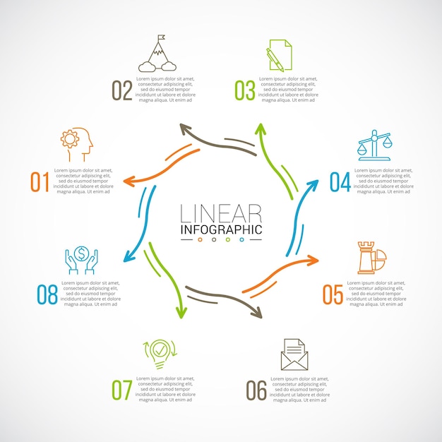 Thin line flat arrows for infographic Business concept with 8 options parts steps or processes