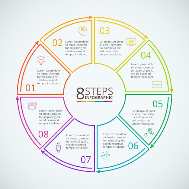 インフォグラフィックの細い線の平らな円8ステップの図のテンプレート