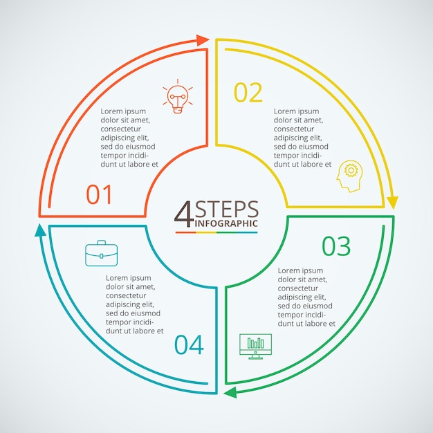 Cerchio piatto a linea sottile per infografica modello per diagramma con 4 passaggi