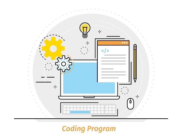 Thin line flat design concept of coding program