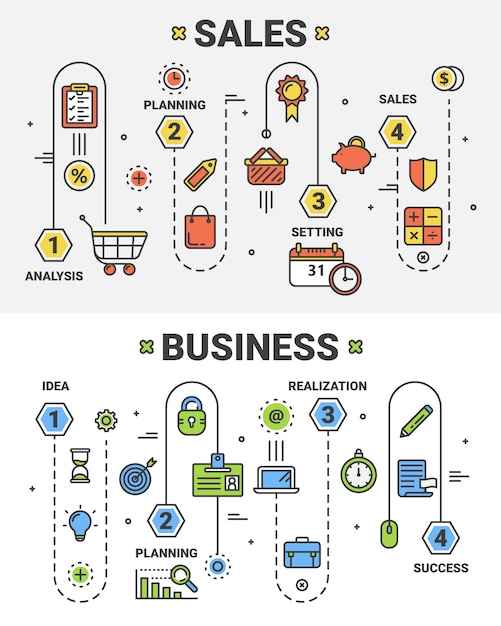 Тонкая линия плоский дизайн баннеров продаж и бизнес-концепции