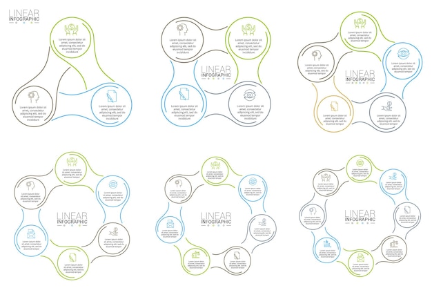 Elementi piatti a linea sottile per infografica modello per diagramma grafico e presentazione concetto di business con 3 4 5 6 7 e 8 opzioni parti passaggi o processi visualizzazione dei dati