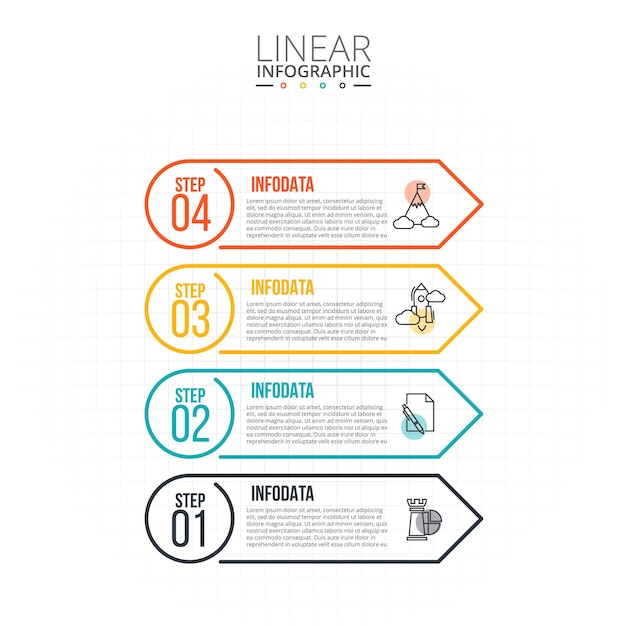 Elementi piatti a linea sottile per infografica modello per diagramma con 4 opzioni o passaggi