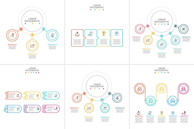 Elementi piatti a linea sottile per l'infografica con 3, 4, 5 e 6 opzioni, parti, passaggi o processi.