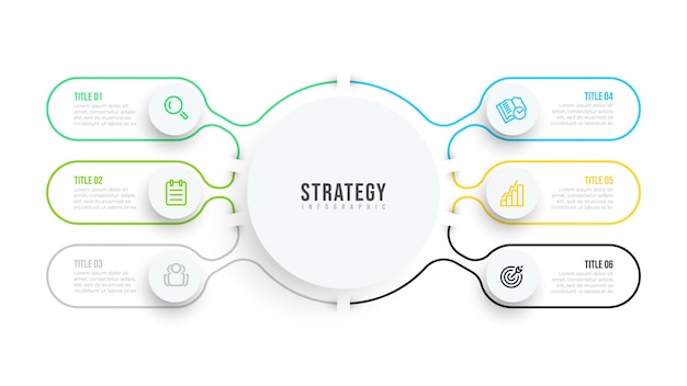 얇은 선 평면 Infographic 템플릿입니다. 아이콘과 6 가지 옵션 또는 단계가 포함 된 비즈니스 데이터 시각화 디자인.