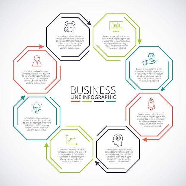 Thin line flat octagon for infographic Business concept with 8 options parts steps or processes