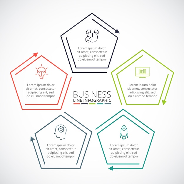 Thin line flat pentagon for infographic template for diagram with 5 options steps or processes