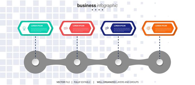 Thin line flat process business infographic with 4 options arrows vector linear elements for pre