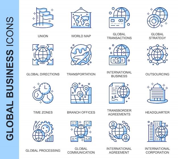 Thin line global business related icons set