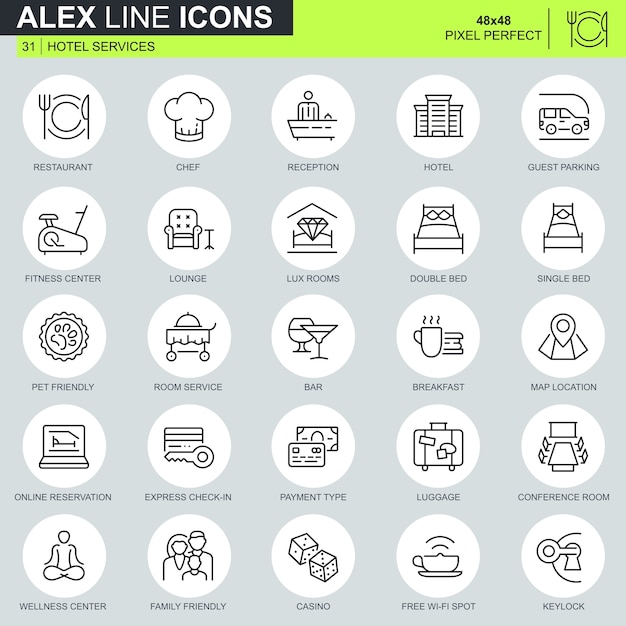 Thin line hotel services icons set