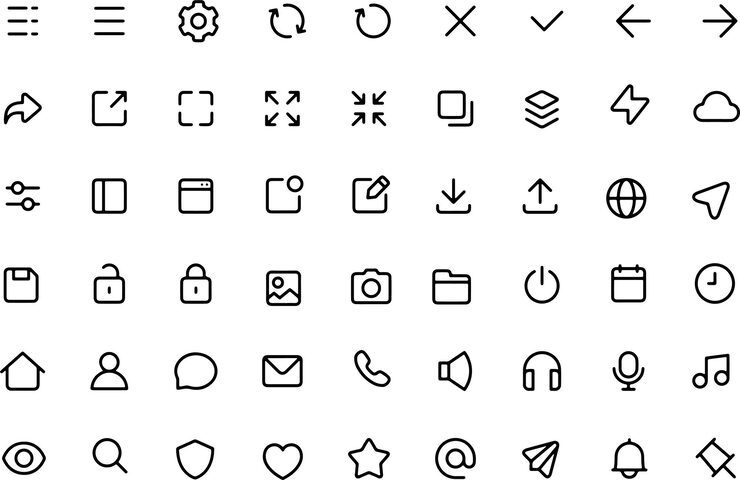Vector 모바일 앱의 그래픽 사용자 인터페이스 ui를 위한 은 라인 아이콘 설정 웹 응용 프로그램 소프트웨어 버튼 pi