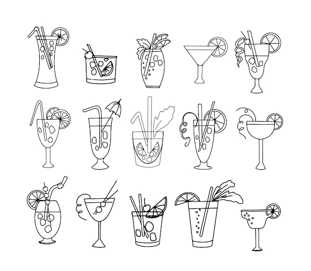 古典的な手描きのアルコール カクテルの細い線のアイコン セット アウトライン記号のコレクション。ベクター
