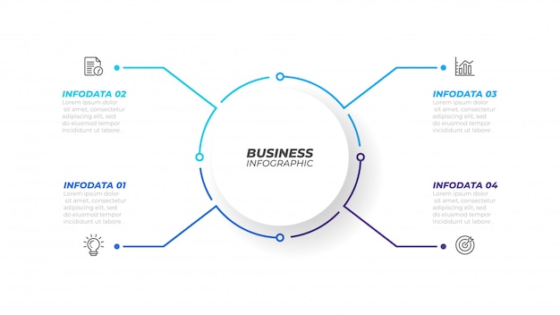 Elemento di infografica linea sottile con forma di cerchio per brochure. concetto di business con 4 opzioni, passaggi o processi. illustrazione vettoriale può essere utilizzato per diagramma del flusso di lavoro, relazione annuale, web design.