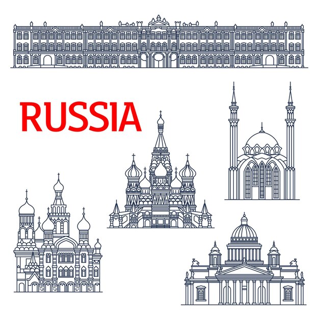 Vector thin line landmarks for tourism in russia or ussr