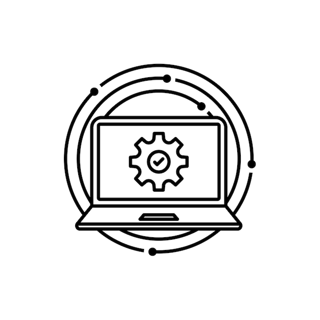 Vector thin line laptop and gear wheel like update lineart style trend modern minimal logotype stroke