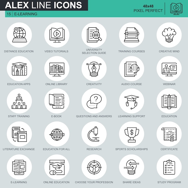 Thin line online education, e-learning, e-book icons set