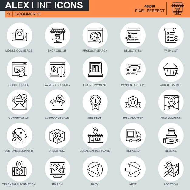 Thin line online shopping and e-commerce icons set