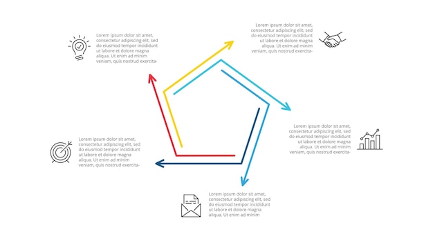 Тонкий линейный пятиугольник для инфографики Шаблон для диаграммы с 5 вариантами частей, шагов или процессов