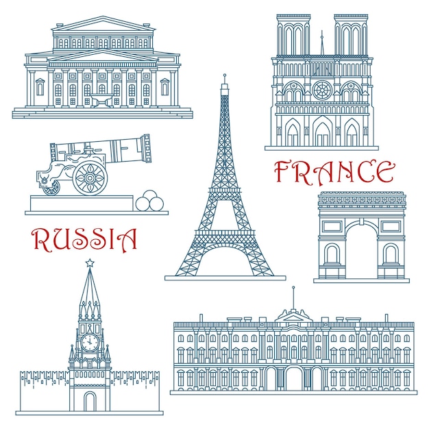 Thin line Russia and France landmarks