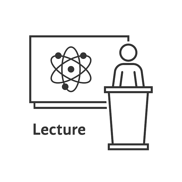 Thin line scientific lecture. concept of e-learning, webinar, distance tutor, coach, leader, atom simple example, knowledge. flat style trend modern logo design vector illustration on white background