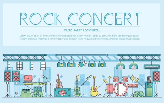 ベクトル ロックンロールのコンセプトを盛り上げるためのさまざまな音楽楽器と機器を備えた細いラインステージ