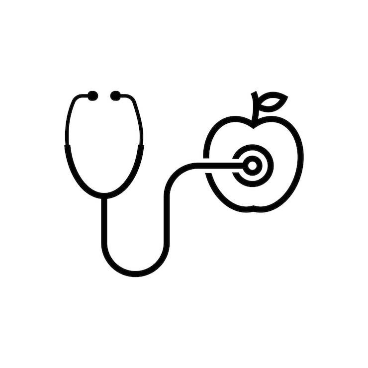 Vector thin line stethoscope and apple concept of doctor first aid hear diagnosis fresh fruit longevity recipe cardio outline style trend modern logotype design illustration on white background