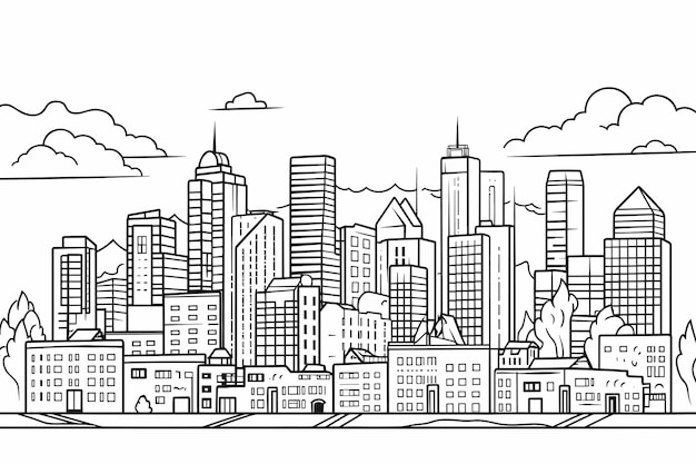 Panorama della città in stile linea sottile contorno del paesaggio urbano ampio panorama orizzontale illustrazione vettoriale in bianco nero